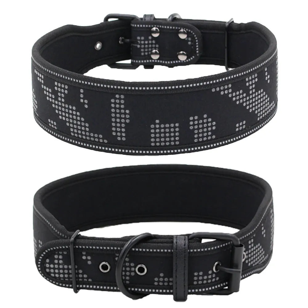 Reflective camouflage nylon dog collar in blue, black, red, or grey, sizes S 46cm, M 56cm, L 66cm, with optional matching lead