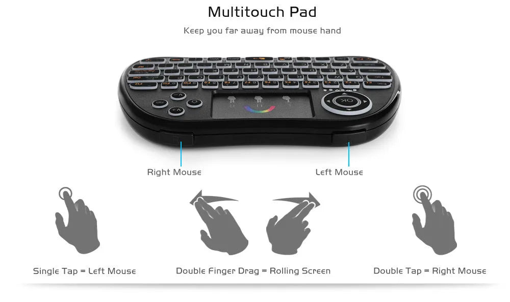 H9 wireless backlit touch remote control keyboard with colourful keys and white backlight, compact 14x9.1x1.7cm design.