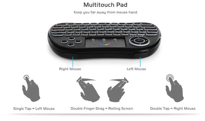 H9 wireless backlit touch remote control keyboard with colourful keys and white backlight, compact 14x9.1x1.7cm design.