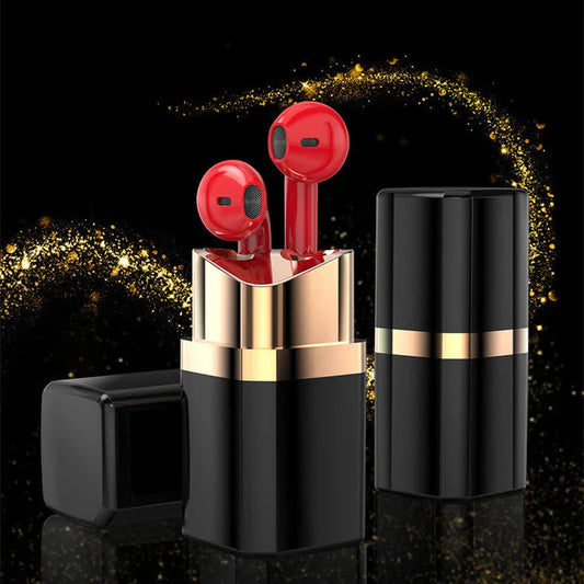Stylish Bluetooth earbuds with lipstick-inspired design, noise cancellation, and comfortable fit for immersive audio experience