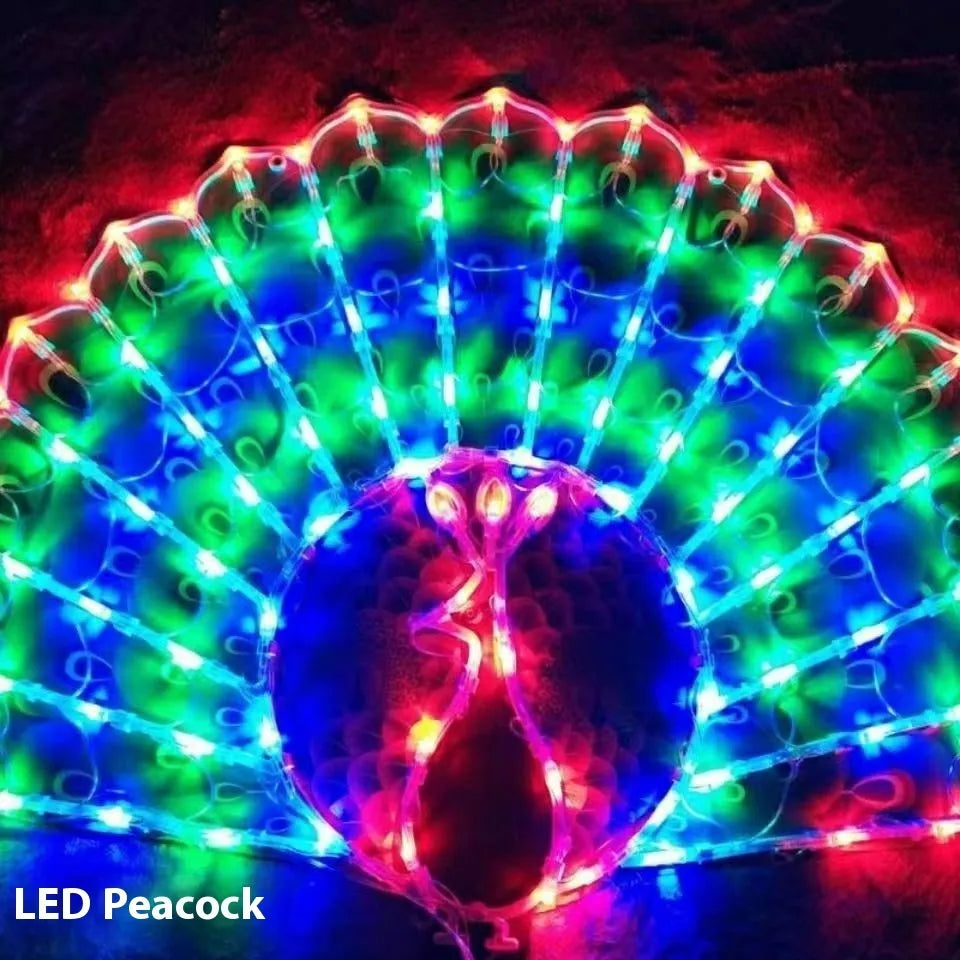 Outdoor Christmas string lights with decorative peacock, love heart and star lamps for garden holiday decoration