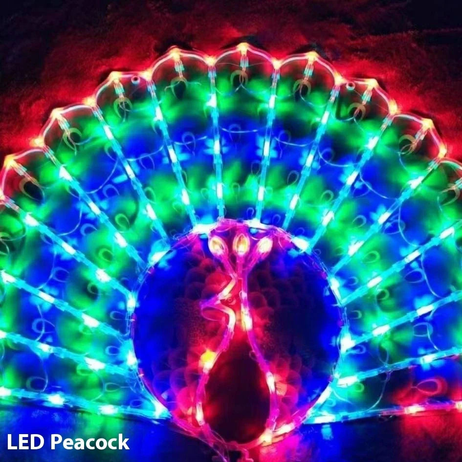 Christmas Festival outdoor string lights with peacock, love, sunflower, and star decorative elements
