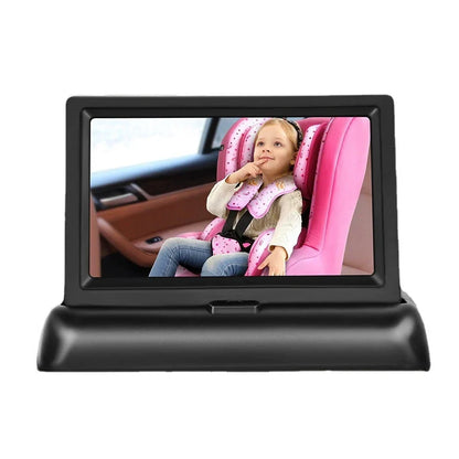 Black folding baby monitor with 4.3-inch screen and rear camera for car installation