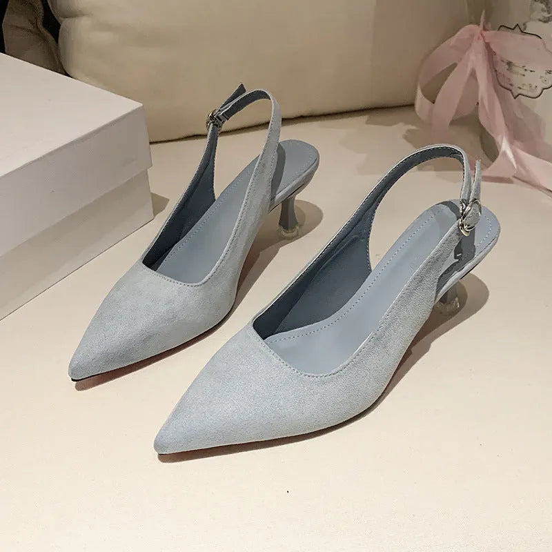 Apricot suede women's pointed-toe stiletto high heels on a plain background.