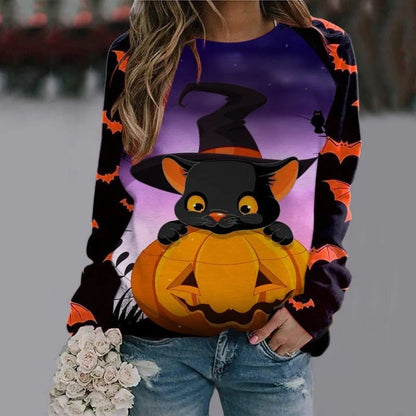 Halloween cartoon print sweatshirt for women in various styles and sizes