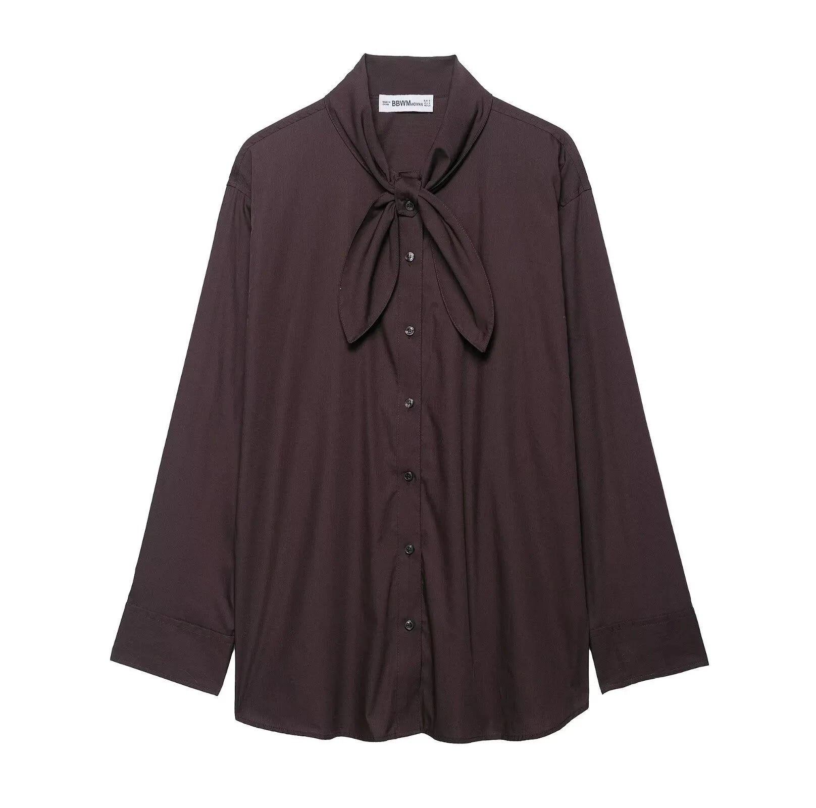 Brown women's loose fit poplin shirt with cardigan-style opening and bow tie detail