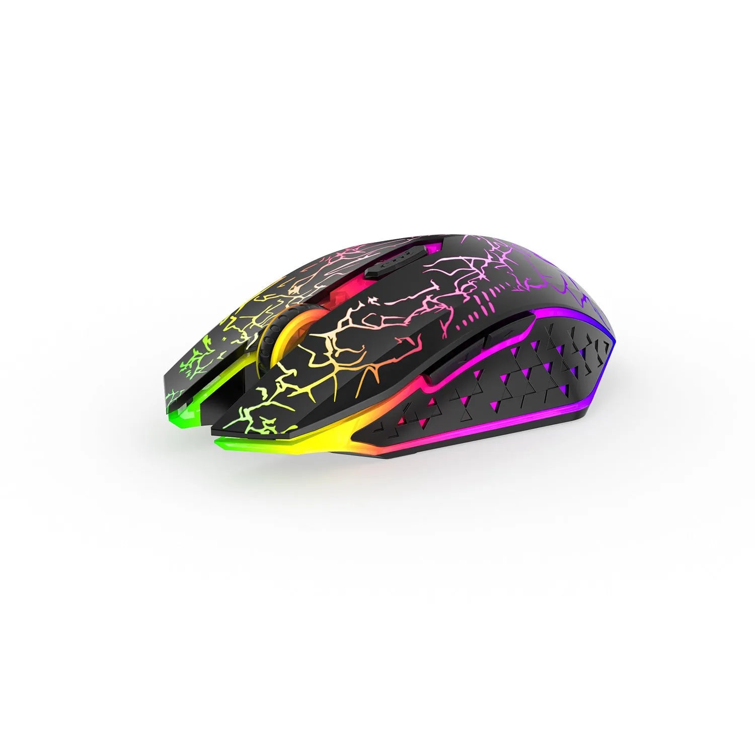 Black and White wireless gaming mouse with RGB lighting effects on desktop