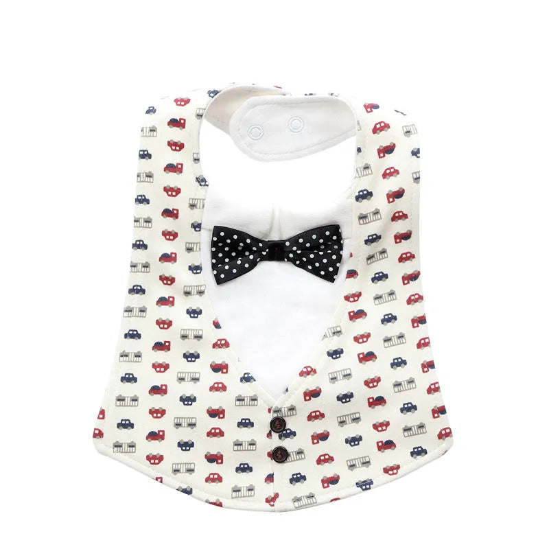 Adjustable baby bow tie bib in four-layer waterproof design, free size, shown in a choice of colour prints