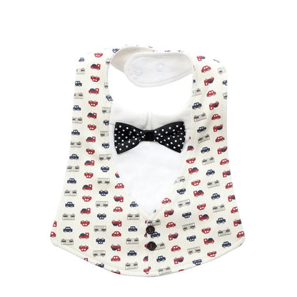 Adjustable baby bow tie bib in four-layer waterproof design, free size, shown in a choice of colour prints