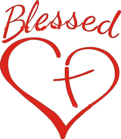 Faith Hope Love letter sticker with heart design in black, white, or red, measuring 14 by 11.5 centimetres.