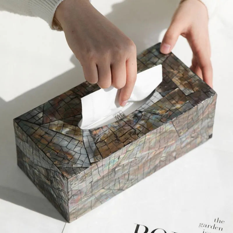 Natural shell tissue box with removable organisation compartment in modern simplicity design