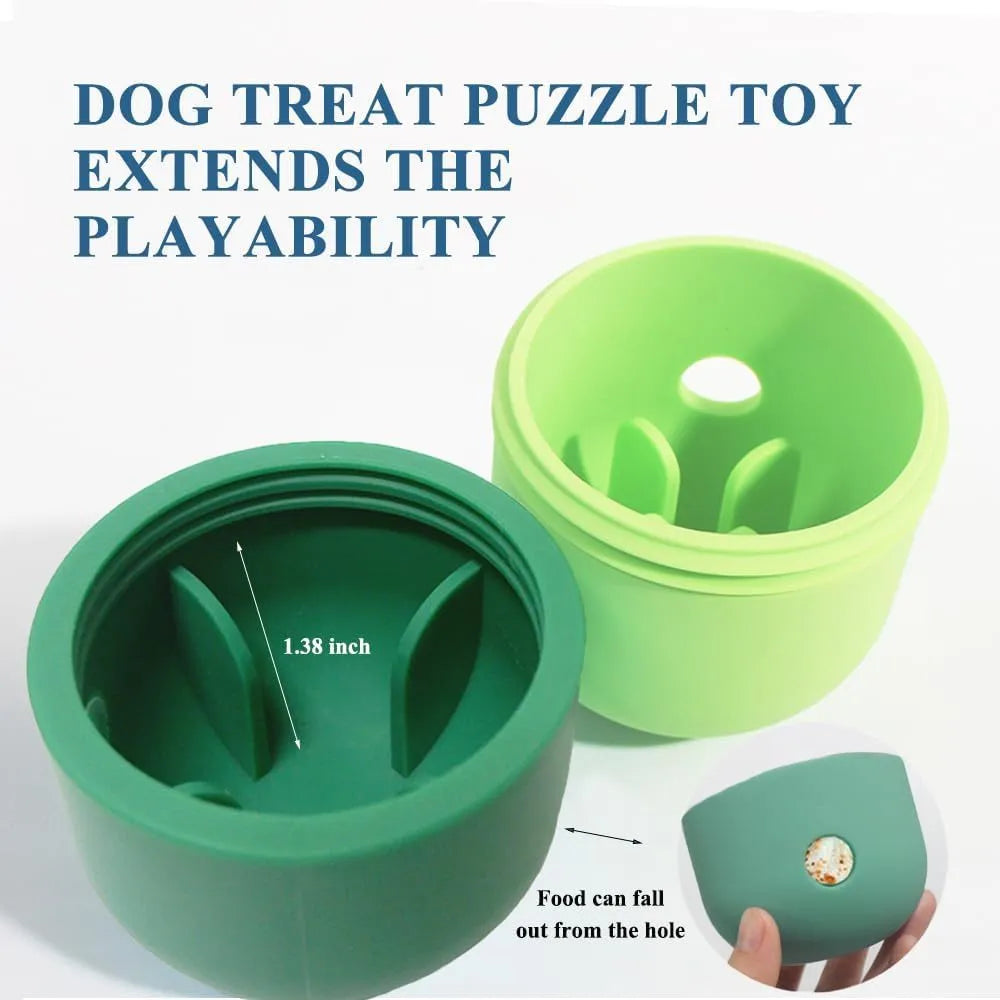 White and blue treat-dispensing puzzle toy for dogs with detachable design and rolling action