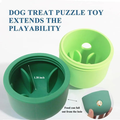 White and blue treat-dispensing puzzle toy for dogs with detachable design and rolling action