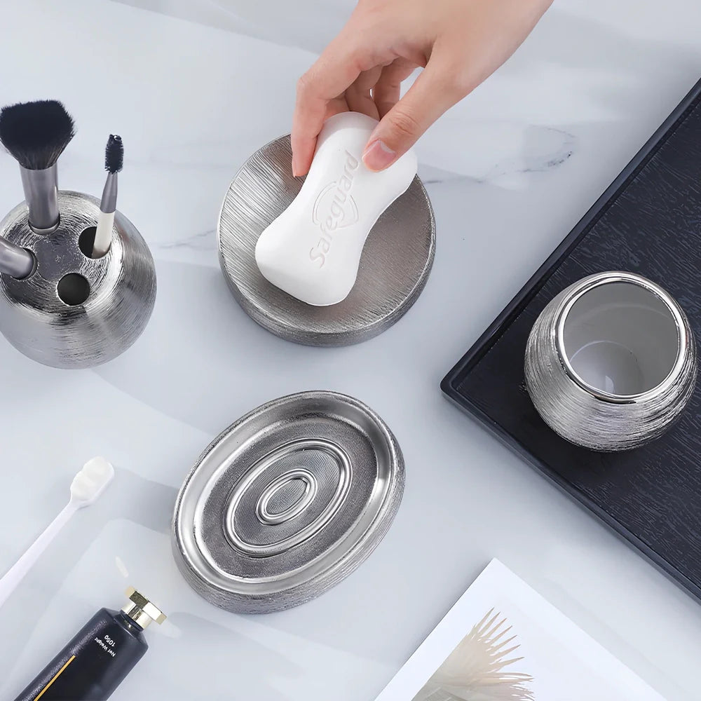 Handmade brushed ceramic five-piece bathroom set in silver with modern design