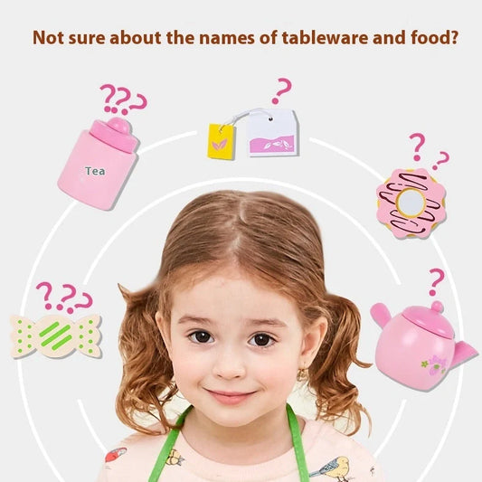 Wooden children's tea set in Barbara pink with cookie pattern, includes teapot and cups for pretend play