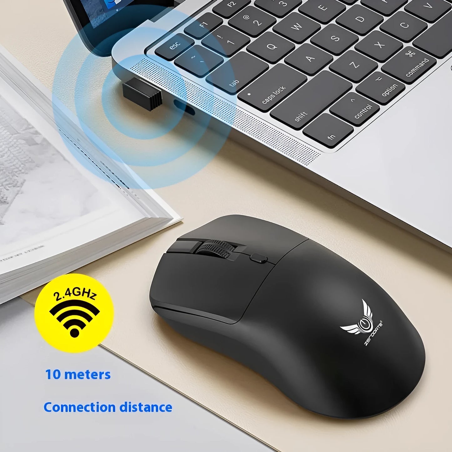 Black wireless computer mouse with three-gear audio button showing top view
