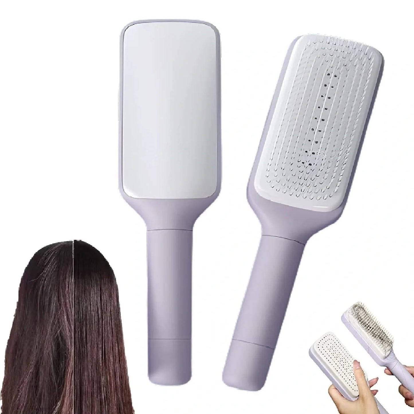 4-in-1 self-cleaning hair brush with anti-static massage comb in Roland purple and Moon rock ash colors