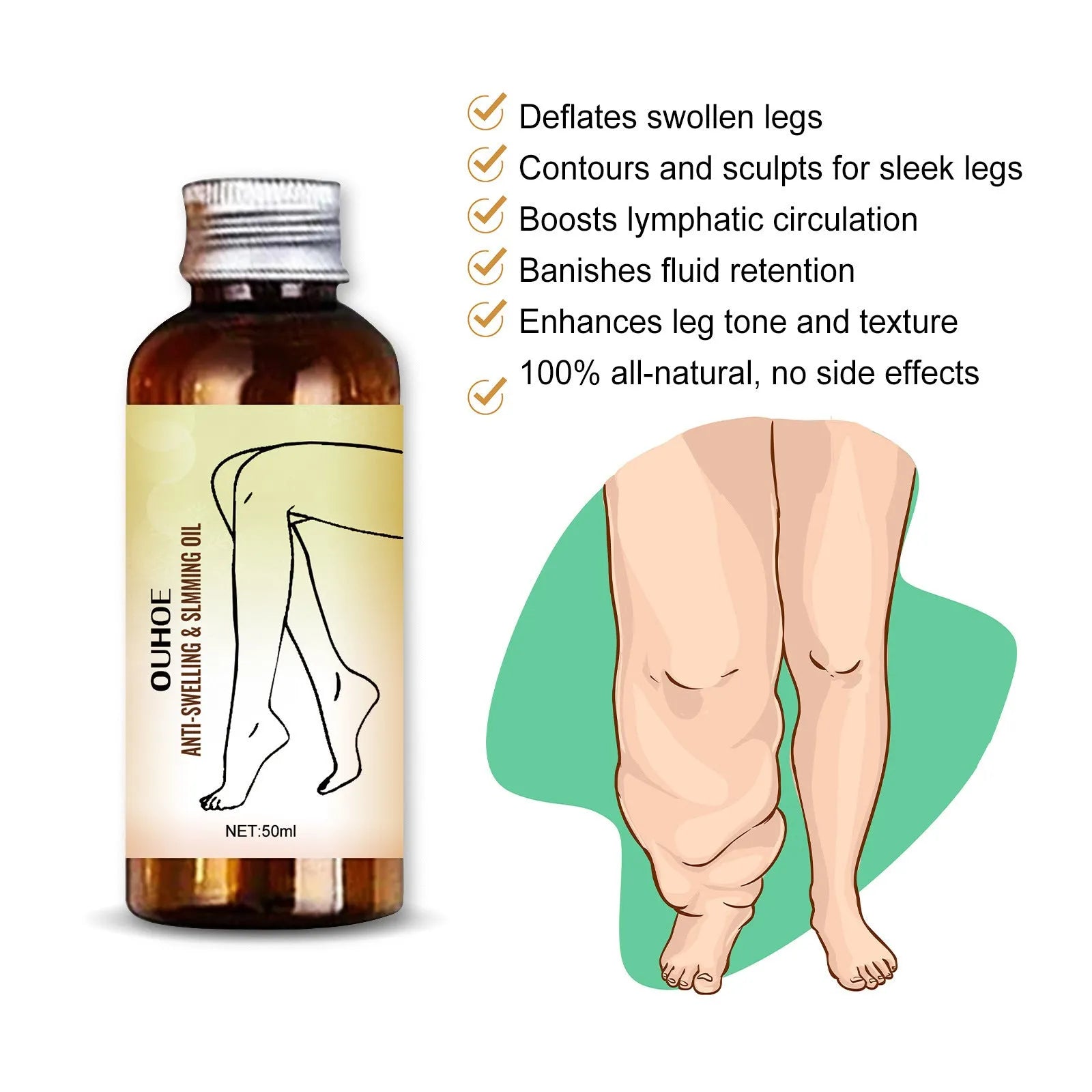 50ml bottle of leg massage essential oil with six botanical extracts for moisturizing body care