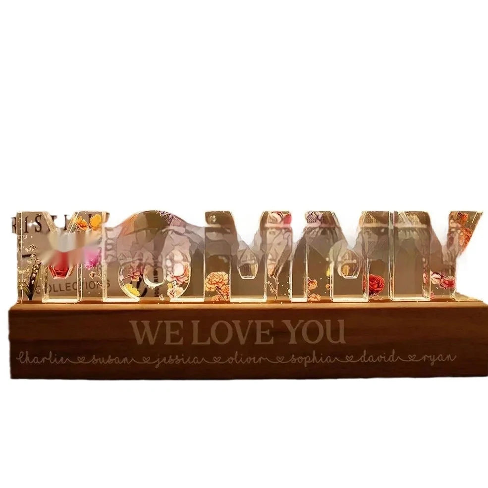 Custom flower printed LED night light with personalised text on acrylic surface in three size options