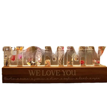 Custom flower printed LED night light with personalised text on acrylic surface in three size options