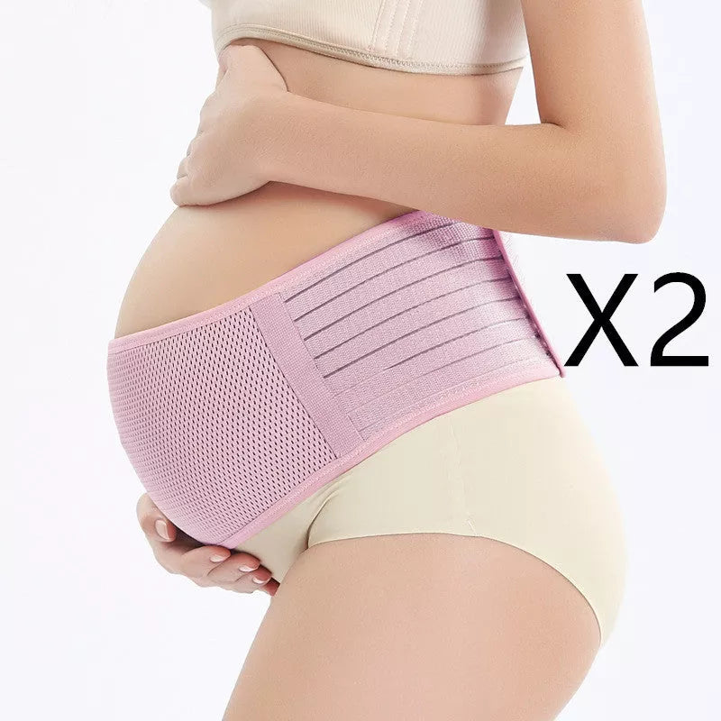 Adjustable mid-pregnancy abdominal support belt in pink, black, brown, and gray