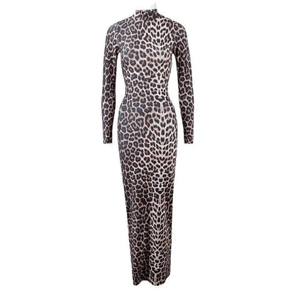 Leopard print long sleeve dress with stand collar and high waist design