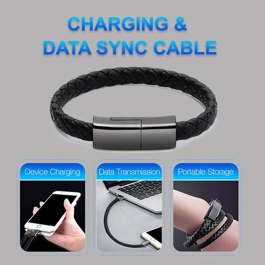Stylish bracelet charging cable with premium leather and zinc alloy construction, compatible with iPhones, Android, and USB-C devices