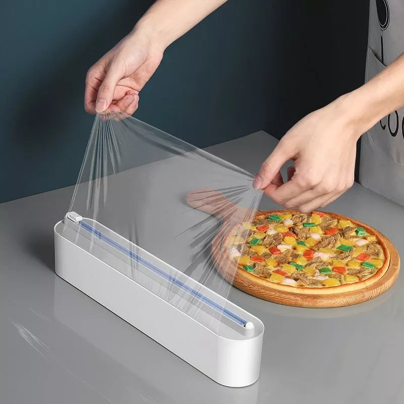 Black and gray plastic wrap dispenser with sharp cutter for kitchen