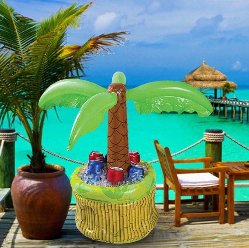 Green inflatable palm tree shaped cooler with coconut details holding beer bottles and ice