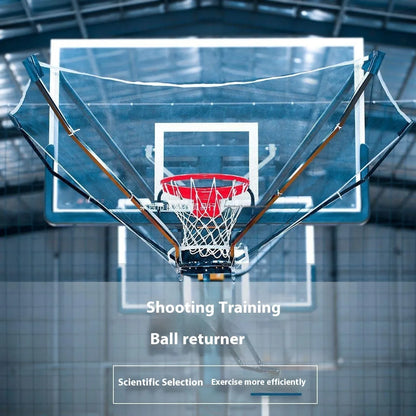 Automatic basketball training ball return with adjustable height mechanism hanging on hoop