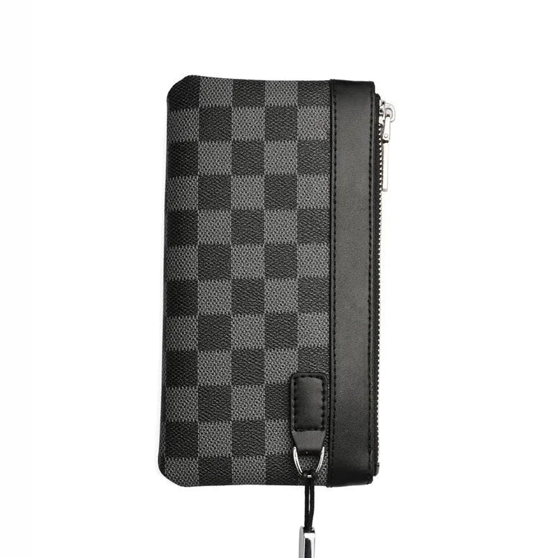 Black men's leather plaid clutch wallet showing 20cm by 10cm dimensions and cowhide texture