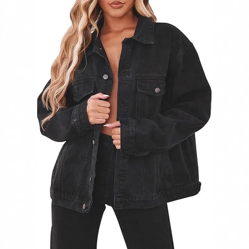Women's black cotton denim jacket top with long sleeves and loose fit, sizes S to 2XL