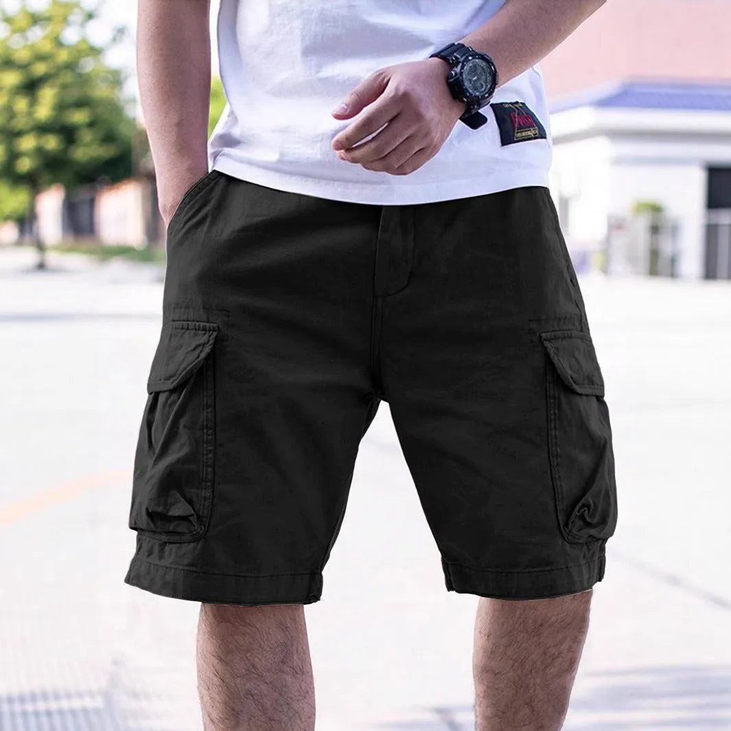 Men's loose-fit retro shorts in a cotton blend fabric, shown in army green colour.