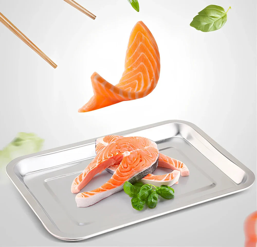 Stainless steel square food storage tray with mirror finish and smooth curled edges