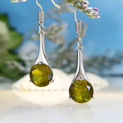 Olive green topaz earrings with water drop shape measuring 2.5 cm, electroplated alloy construction