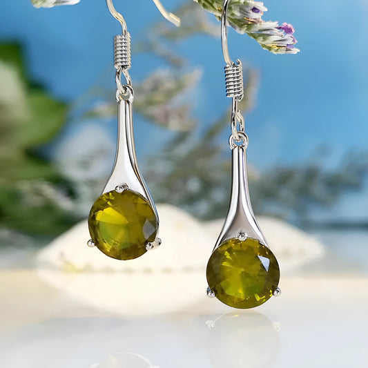 Olive green topaz earrings with water drop shape measuring 2.5 cm, electroplated alloy construction