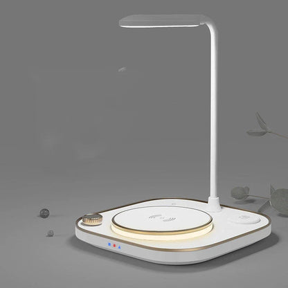 Wireless Charging Desk Lamp with 15W fast charging, adjustable LED lighting, and advanced safety features for a convenient and stylish workspace solution.
