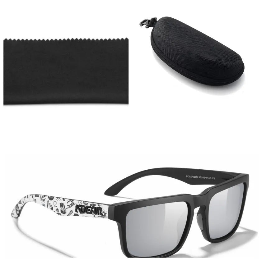 Square polarised sunglasses with TAC lenses and a PC frame, shown in one of 12 available colour options.