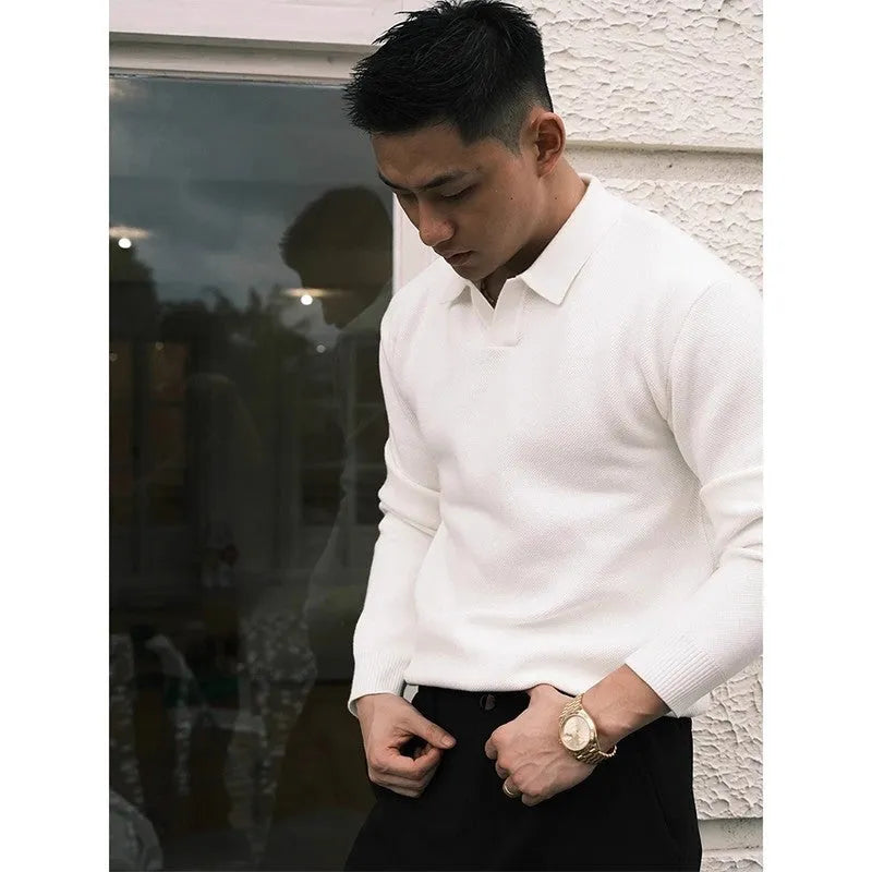 Men's loose fit knitted sweater in black or apricot, long sleeve pullover with wrinkle-free polyester blend, Japanese fresh casual style
