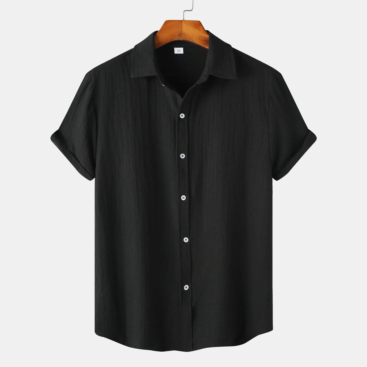 Men's casual short-sleeved cardigan shirt in polyester, shown in available colours.