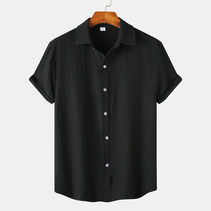 Men's casual short-sleeved cardigan shirt in polyester, shown in available colours.