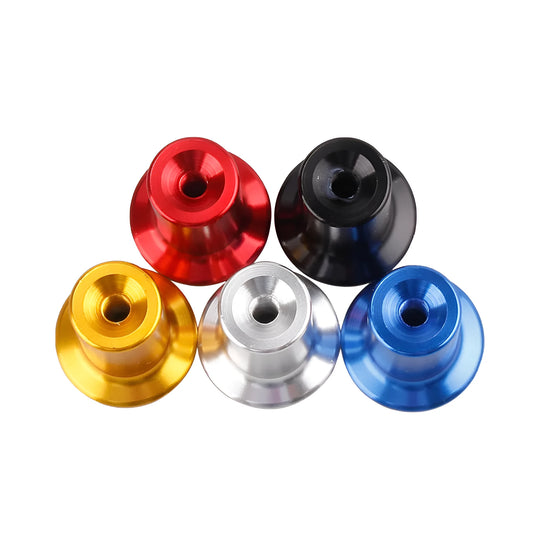 Aluminium alloy hydraulic hand brake release button cap in gold, silver, black, blue, and red colours.