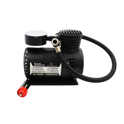 Black 12V mini car air pump with compact plastic housing for portable tyre inflation