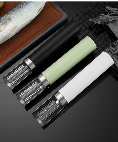 Electric handheld fish scaler machine in white, black, or light green with 125W motor and waterproof design