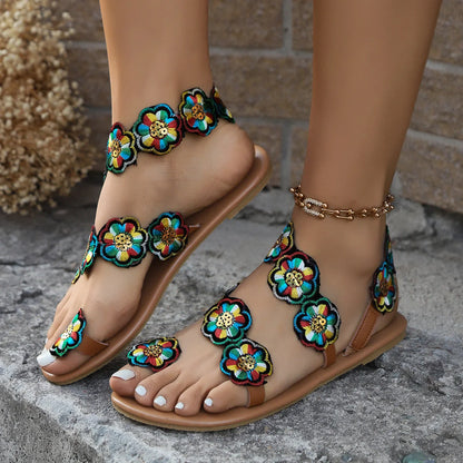 Ethnic style flowers flat sandals for women with clip toe design and rubber sole