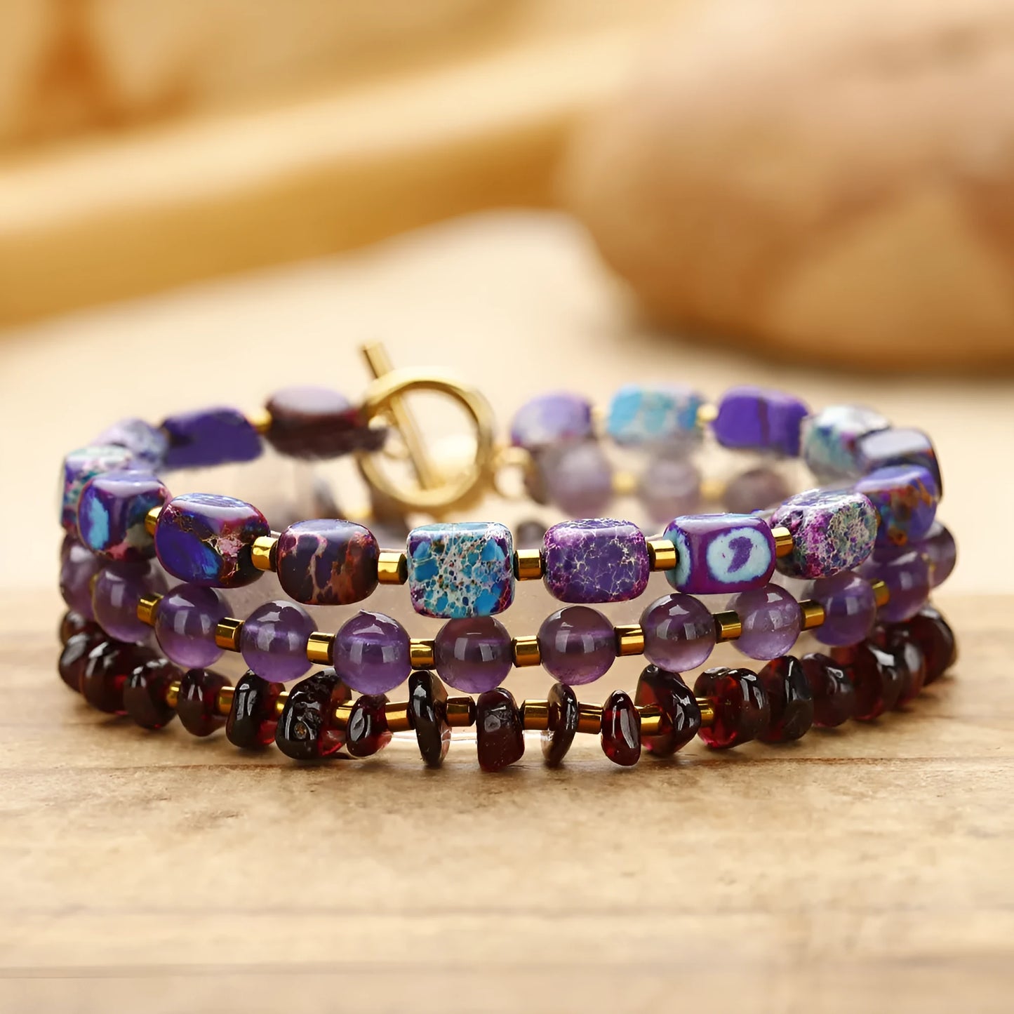 Geometric garnet and amethyst stone bead bracelet with manual craftsmanship texture