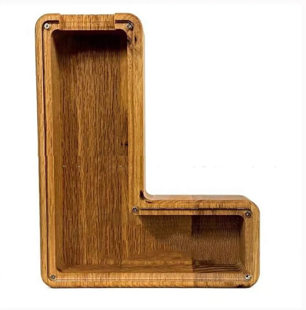 Handmade wooden letter piggy bank with personalised initial, showing 15cm height and 5cm coin slot for UK coins