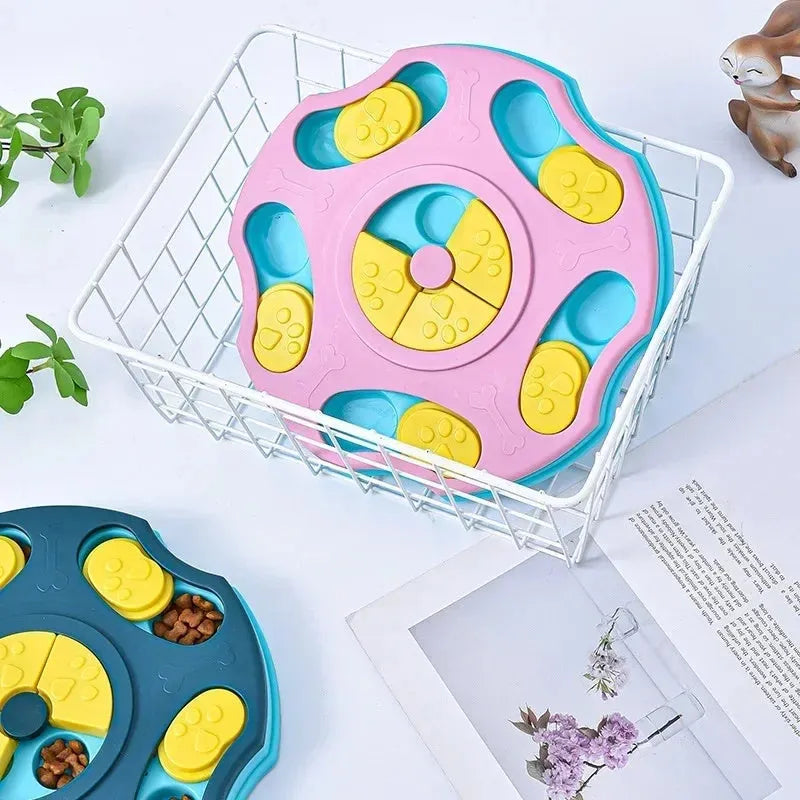 Blue dog puzzle feeder toy with food compartments and interactive searching games
