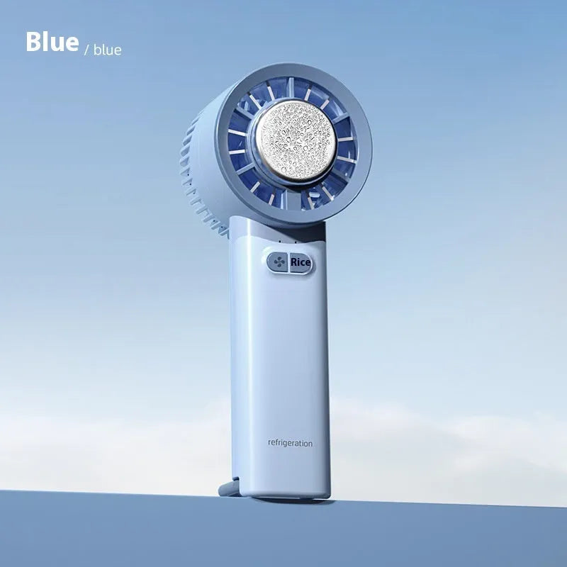 White handheld portable fan with turbo jet design and ice cooling function.