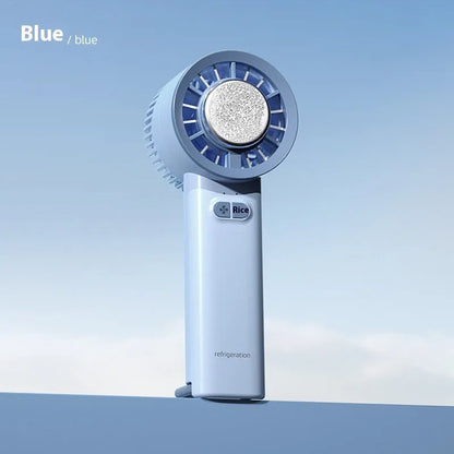 White handheld portable fan with turbo jet design and ice cooling function.